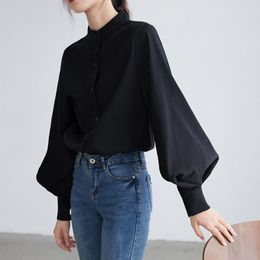 Women's Blouses Shirts Big Lantern Sleeve Blouse Women Autumn Winter Single Breasted Stand Collar Shirts Office Work Blouse Solid Vintage Blouse Shirts 230131