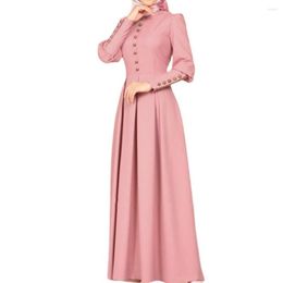 Casual Dresses Muslim Abaya Robe Buttons Pleated Maxi Dress Women Large Hem Evening Party O-Neck Cuff High Waist Long