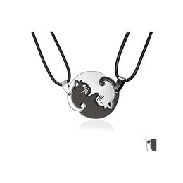 Pendant Necklaces Animal Black White Cat Stitching Necklace Simple Friendship Gift Heart Shape Gold Cute Couple Rope Chain 2Pcs/Set Otvm2