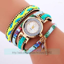 Wristwatches 100pcs/lot 918569 Wrap Around Lady Watch Fashion Leather For Women Leaf Pendant Quartz Elegance Colorful Strap