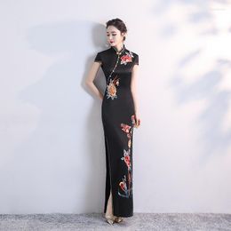 Ethnic Clothing Sexy Print Floral Mandarin Collar Qipao Lady Satin Long Cheongsams Elegant Vintage Button Chinese Dresses Gown Oversize