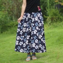 Skirts Spring Women High Waist Long Skirt Casual Print Bohemia Cotton Linen Pleated Beach S455