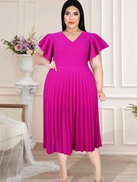 Plus size Dresses Size Draped Pleated Midi Women Ruffle Sleeve Ruffles V Neck A Line Summer Fashion Gown Event Party Birthday Robes 230130