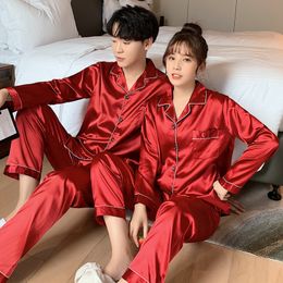 Men's Sleepwear Solid Color Silk Satin Pajamas Couple Set Long ButtonDown Pyjamas Suit Pijama Women Men Loungewear Plus Size Pj 230131