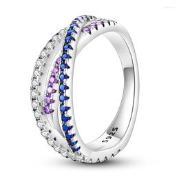 Wedding Rings Sparkling Purple Blue Triple Line Silver Colour Geometry Finger For Female Women Ring Gift Or Girl Luxury Jewellery