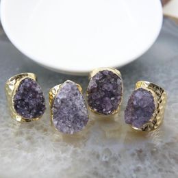 Wedding Rings Natural Stone Amethysts Druzy Adjustable High Quality Purple Quartz Crystal Geode Women Finger Jewelry Party Gift