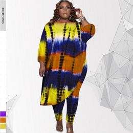 Women's Plus Size Tracksuits 5xl Fashion Outfit Tie Dye Printing Loose Oblique Shoulder Irregular Tops Two Piece Set Wholesale Drop 230130