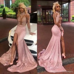 Sheer Long Sleeves High Neck Lace Mermaid Prom Dresses Black Girls Lace Applique Split Backless Sweep Train Evening Gowns BC3476