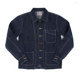 Men's Jackets Men Amekaji Vintage Striped Denim Spring Autumn French Workwear Overalls Lapel Tooling Jacket Casual Cardigan Coat