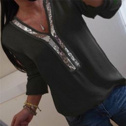 Women's Blouses Shirts Plus Size V Neck Casual Loose Sequin Ladies Tops Shirt Top Long Sleeve s And 230131