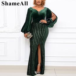 Plus size Dresses Size Long Lantern Sleeve Backless Sequin Willon Green Maxi Dress 4XL Sheer Mesh Hollow Out Split Party Club 230131