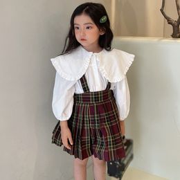 Kids Shirts Autumn Girls Blouse Doll Collar Turn-down Shirt Fashion Children Tees Cotton Tops Long Sleeve Kid Clothing plaid Overall skirt 230130