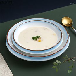 Plates Nordic Style Ceramic High Foot Dinner Plate Restaurant Creative Soup Home Kitchen Fruit Salad Solid Colour Tableware