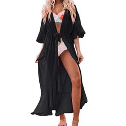 Women's Swimwear Women Cover Up Solid Colour Fashion Half Sleeve See-Through Ruffle Swimmwear Bikini Coat Beach Wear Cardigan Summer