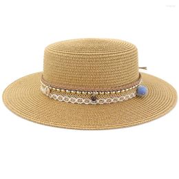 Wide Brim Hats HT3621 2023 Women Summer Sun Hat Straw Beach Cap Ladies Flat Top Boater Fedoras Female Travel Panama