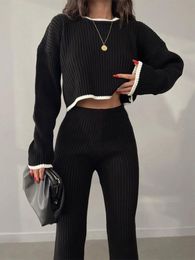 Women's Tracksuits Tossy Knit Pants Sets TwoPiece Women Outfits Casual Black White Contrast Color Wide Leg Leegings Two Piece Sweater 230131