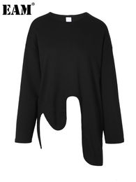 Women's Jackets EAM Loose Fit Black Irregular Hem Sweatshirt Round Neck Long Sleeve Women Big Size Fashion Spring Autumn 2023 1DF042001 230131