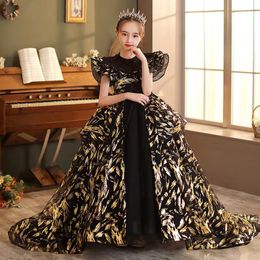 Gorgeous Gold Flower Girl Dresses Scoop Neck Appliqued Beaded Black Long Pageant Gowns Ruffle Tiered Sweep Train Birthday 403