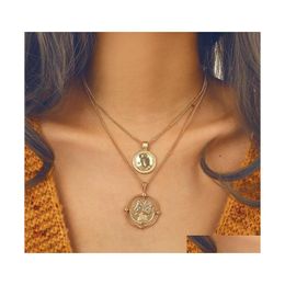 Pendant Necklaces Fashion Jewelry Irregar Round Face Necklace Gold Double Chain Head Mtilayer Drop Delivery Pendants Dhnw9