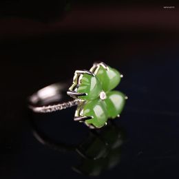 Cluster Rings Natural Hetian Jade Clover Adjustable Ring Women Fashion Gifts Jewellery For 925 Silver Chalcedony Amulet