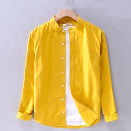 Men's Casual Shirts Pure Cotton Long Sleeve for Men Autumn Yellow Stand Collar Tops Male Solid Color Button Up Dress 230130