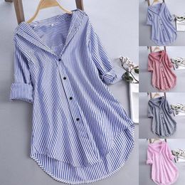 Women's Blouses 2023 Summer Striped Print Robe Womens Lapel A Line Vestidos Casual Long Sleeve Knee Dresses Oversize Fashion Shirt Dress