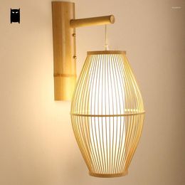 Wall Lamps Bamboo Wicker Rattan Lantern Shade Lamp Fixture Rustic Country Asian Japanese Sconce Light Home Bedroom Living Room Hallway