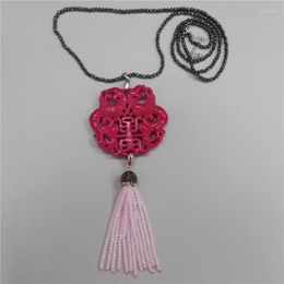 Pendant Necklaces Charms Classic Traditional Chinese Ancient Vintage Pattern Rose Pink Stone Angular Beaded Tassel Hematite Chain Necklace