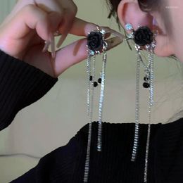 Backs Earrings Korean Black Rose Flower Ear Cuff Clip Earring For Women Girl Rhinestone Tassel Hanging No Pierced Fake Cartilage Jewelry