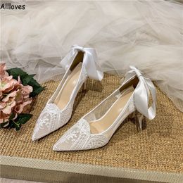 Chic Lace Ribbon Wedding Shoes For Brides Bohemian See Through Mesh High Heel Women Shoes Pointed Toe Elegant Ladies Pumps Shoes Formal Events Prom CL1753