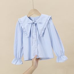 Kids Shirts Spring Autumn Baby Toddler Teenage Girls Ruffles Blouse Long Sleeve School Girl Cotton Shirt Kids Pullover Tops 6 8 10 12 Years 230130