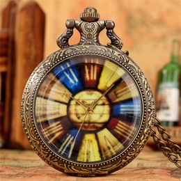 Antique Retro Rainbow Multi Color Dial Pocket Watch Men Women Quartz Analog Watches Necklace Chain Gift Collection Timepiece