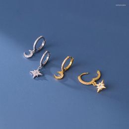 Hoop Earrings Asymmetry Authentic REAL. 925 Sterling SIlver Fine Mini CZ Set Moon Star Ear Huggie C-G8666