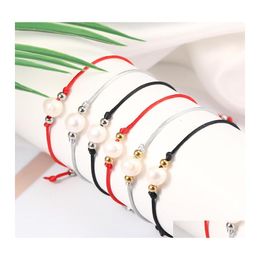 Charm Bracelets Handmade Polyest Thread Woven Pearl Friendship Braided String Jewellery With Card Stainless Steel Bead Pendant For Wom Otrkp