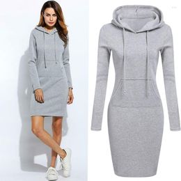 Casual Dresses Solid Color Hooded Sweatshirts Dress Women's Autumn Winter Clothes Womens Front Pocket Drawstring Hoodie Streetwear