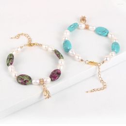 Strand Women Natural Stone Oval Quartz Opal Pink Crystal Turquoises Bracelet Freshwater Pearls Beads Rose Flower Charm Bangle Jewellery