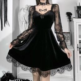 Casual Dresses Gothic Lolita Girl Lace Trim Velvet A-Line Women Sexy Perspective Long Sleeve V Neck Slim Mini Cosplay Party Costume 230131