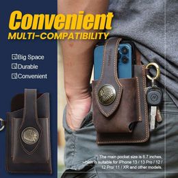 Tool Bag Vintage Leather Belt Waist Bag Pack Men Tactical Multifunction Holster Portable Key Holder Mobile Phone Cigarette Tools Case 230130