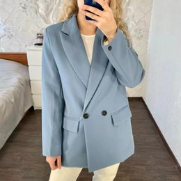 Women's Suits Blazers BM ZA Women Chic Office Lady Double Breasted Blazer Vintage Coat Fashion Notched Collar Long Sleeve Ladies Outerwear Stylish Top 230131