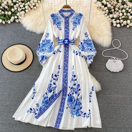 Casual Dresses 2023 Spring Women's Retro Chinese Style Blue And White Porcelain Print Single Breasted With Belt Maxi Long Dress SMLXLXXL