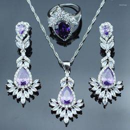 Wedding Jewelry Sets Natural Purple Cubic Zirconia Silver Color For Women Water Drop Necklace/Drop Earrings/Ring/Pendant Fashion