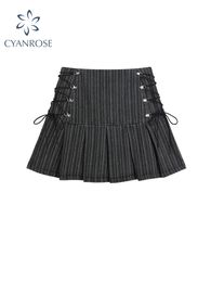 Skirts Y2k Pleated Skirt Women Sexy High Waist Grey Stripe Bandage Mini Skirts Summer A Line Skirt Vintage Harajuku Streetwar 230131