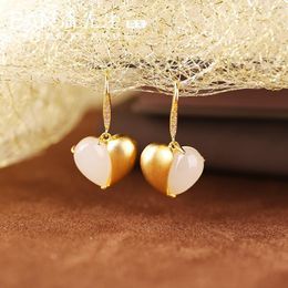 Dangle Earrings White Jade Heart Vintage Fashion 925 Silver Carved Women Stone Jewelry Gemstones Gift Chalcedony Real Natural Amulets