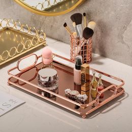 Plates Nordic Minimalist Glass Storage Tray Cosmetic Jewelry Desktop Metal Mirror Afternoon Tea Dessert Decoration