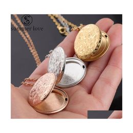 Pendant Necklaces Vintage Engraved Flowers Round Necklace 3 Color Stainless Steel Diy Picture Frame P O Locket For Women Fashion Dro Dhrqx