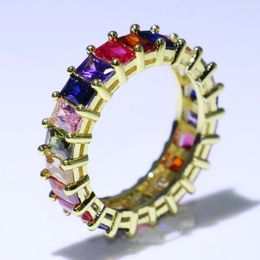 Cluster Rings Super Deal 2023 Luxury Jewellery 925 Sterling Silver&Gold Fill Princess Cut Multi Colour 5A CZ Wedding Ring For Women