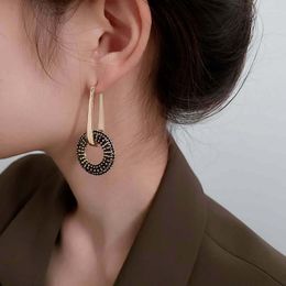 Dangle Earrings Black Circle Drop Shiny Zircon For Women Vintage Geometric Piercing Ear Ornaments Jewelry Gifts