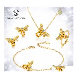 Earrings Necklace Fashion Cubic Zirconia Bee Pendant Bracelet For Women Gold Ring Crystal Elegant Bridesmaid Wedding Party Jewelry Dh1Oh