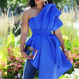 Women's TShirt Spring Summer Ruffles Blouse Women Ladies Casual One Shoulder Blue Shirt Sleeveless Backless African Tops Blusas Female 230131