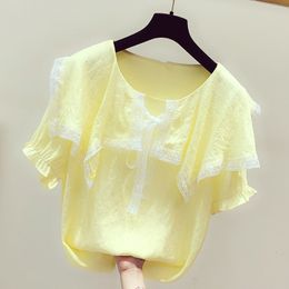 Women's TShirt Summer Girl Shirts Women Korean Lace Bowknot Peter Pan Collar Short Sleeve Blouse Female Students Leisure Solid Colour Top H9099 230131